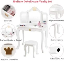 COSTWAY® Schminktisch Mit Hocker & 3-Fach Spiegel Kronenmuster -Kinderspielzeug 23416453 03
