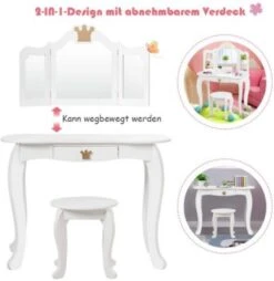 COSTWAY® Schminktisch Mit Hocker & 3-Fach Spiegel Kronenmuster -Kinderspielzeug 23416453 04
