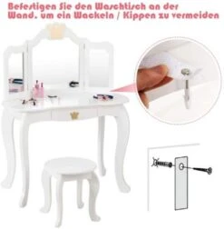 COSTWAY® Schminktisch Mit Hocker & 3-Fach Spiegel Kronenmuster -Kinderspielzeug 23416453 05