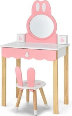 COSTWAY® Schminktisch Kaninchenform Mit Spiegel & Hocker