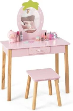 COSTWAY® Kinderschminktisch Mit Hocker & Spiegel Erdbeerförmig