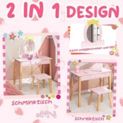 COSTWAY® Kinderschminktisch Mit Hocker & Spiegel Erdbeerförmig -Kinderspielzeug 28393592 03