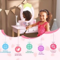 COSTWAY® Kinderschminktisch Mit Hocker & Spiegel Erdbeerförmig -Kinderspielzeug 28393592 05