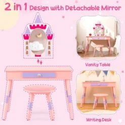 COSTWAY® 2in1 Schminktisch Mit Hocker Schublade Spiegel Wachstumslineal -Kinderspielzeug 30145989 03